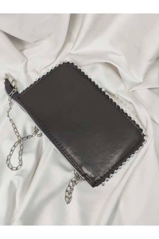 Kahverengi Taşlı Kenarlı Gümüş Zincir Askılı Portföy Clutch Çanta – 2. görsel