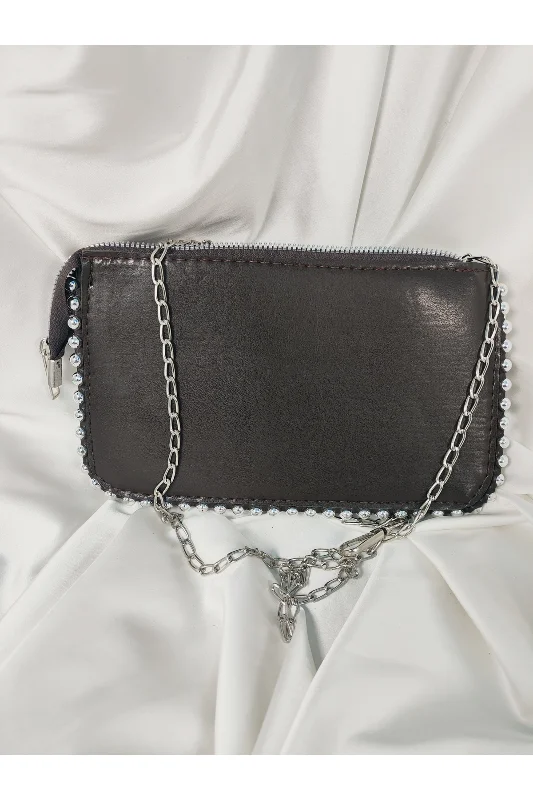Kahverengi Taşlı Kenarlı Gümüş Zincir Askılı Portföy Clutch Çanta