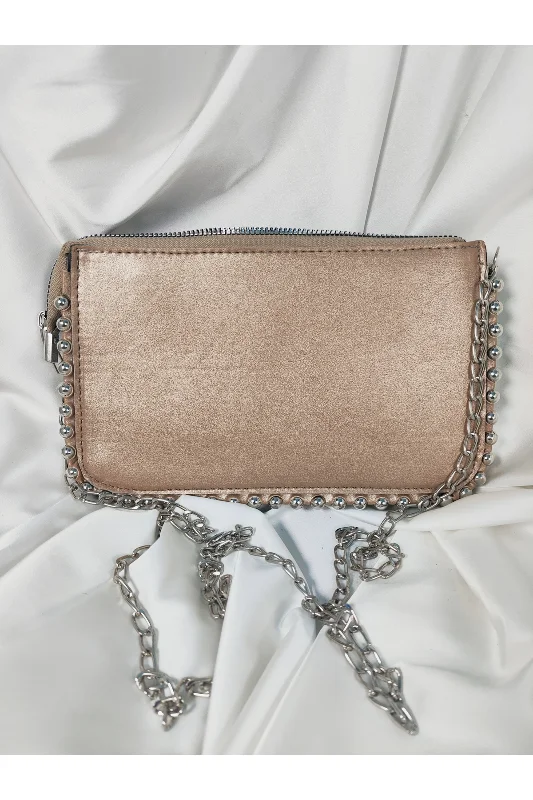 Dore Rose Gold Taşlı Boncuklu Gümüş Zincir Askılı Portföy Clutch