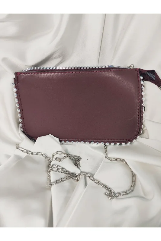 Bordo Şarap Taşlı Kenar Detaylı Boncuklu Portföy Clutch El Çantası – 2. görsel