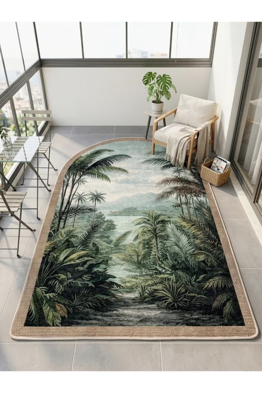 Tropikal Yağmur Ormanı Desenli Modern Lateks Taban Antre ve Balkon Halısı – 3. görsel