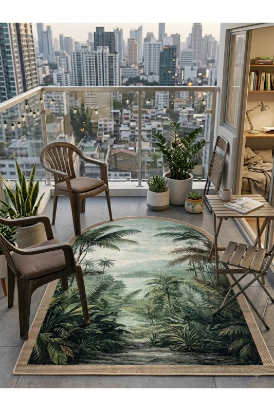 Tropikal Yağmur Ormanı Desenli Modern Lateks Taban Antre ve Balkon Halısı – 2. görsel