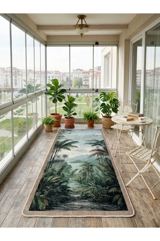 Tropikal Yağmur Ormanı Desenli Modern Lateks Taban Antre ve Balkon Halısı – 3. görsel