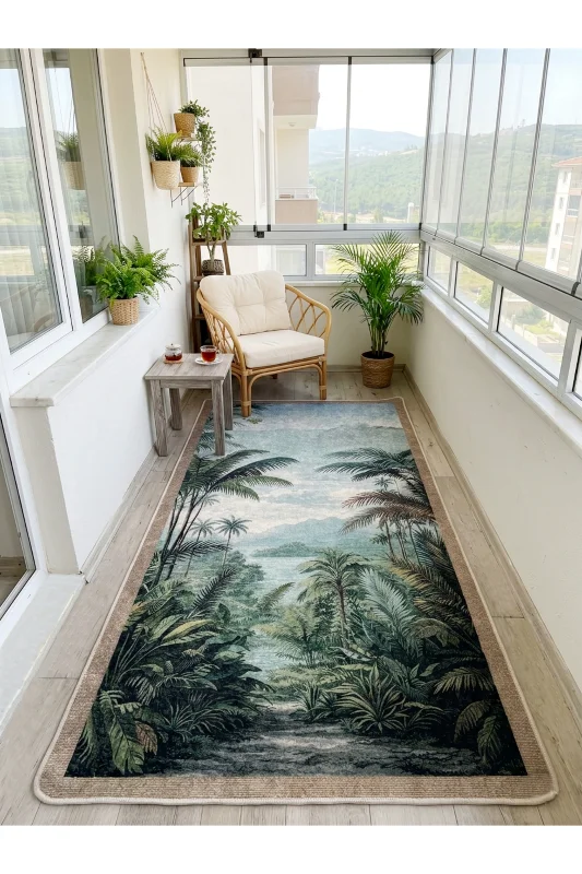 Tropikal Yağmur Ormanı Desenli Modern Lateks Taban Antre ve Balkon Halısı – 4. görsel
