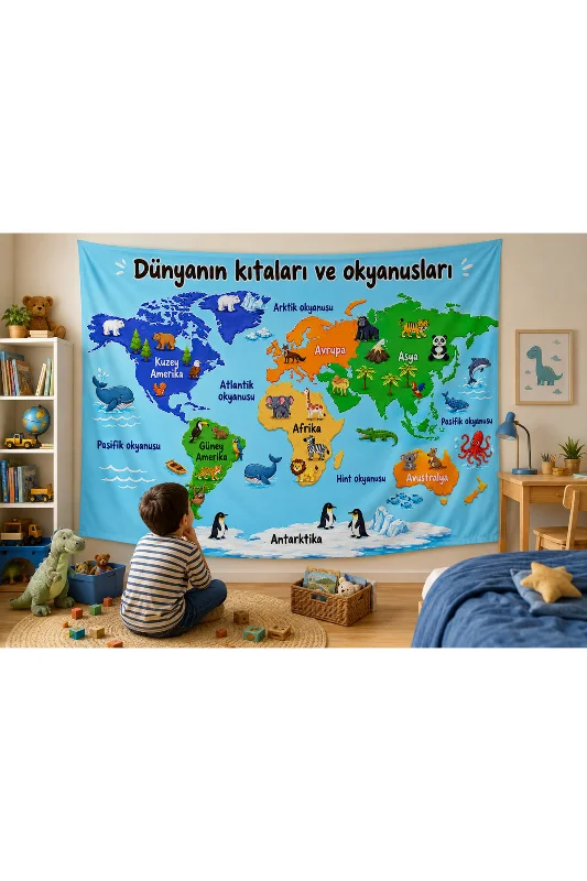 Montessori Çocuk Odası Eğitici Dünya Haritası Duvar Örtüsü Kaliteli Kumaş