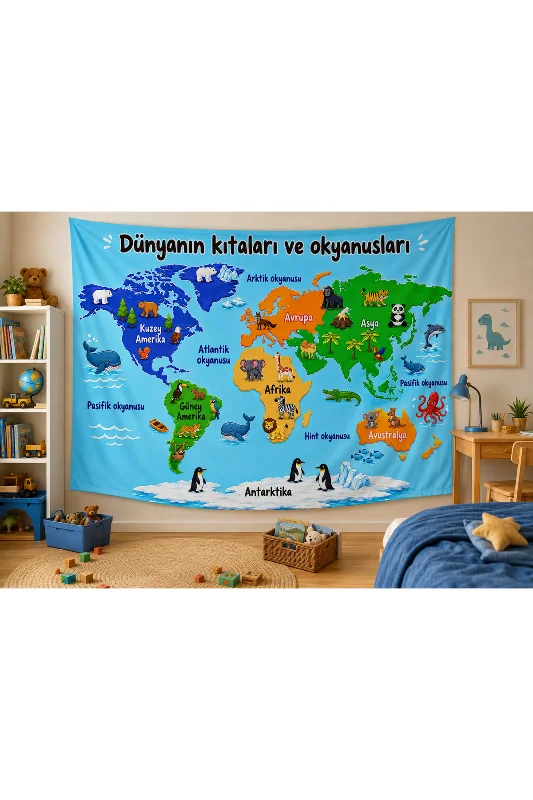 Montessori Çocuk Odası Eğitici Dünya Haritası Duvar Örtüsü Kaliteli Kumaş – 2. görsel