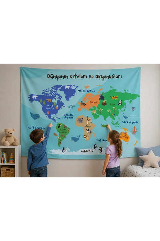 Montessori Çocuk Odası Eğitici Dünya Haritası Duvar Örtüsü Kaliteli Kumaş