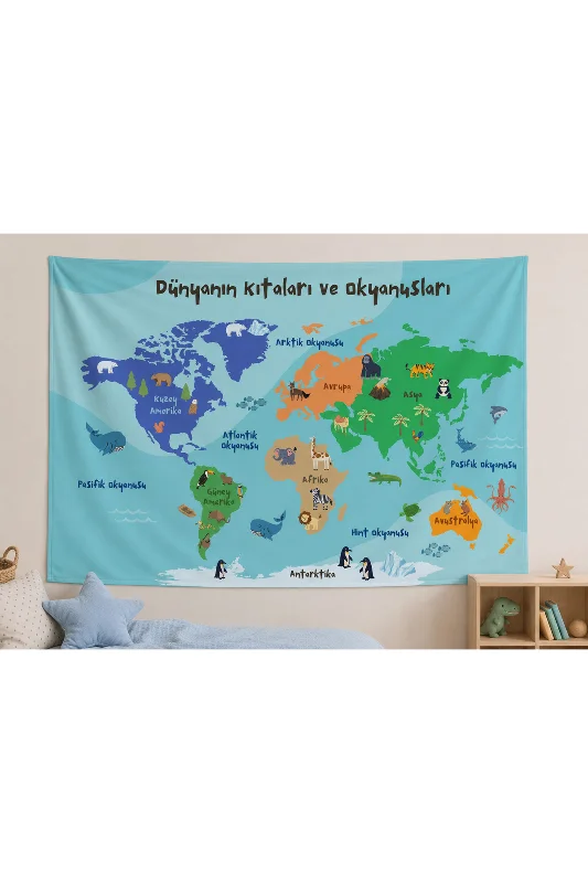 Montessori Çocuk Odası Eğitici Dünya Haritası Duvar Örtüsü Kaliteli Kumaş – 2. görsel