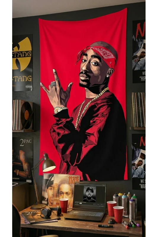 Tupac Shakur Rap Duvar Örtüsü Wall Tapestry Kaliteli Kumaş Net Baskı