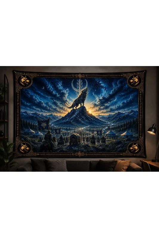 Orta Asya Türk Mitolojisi Temalı Duvar Örtüsü Wall Tapestry Kalın ve Kaliteli Kumaş