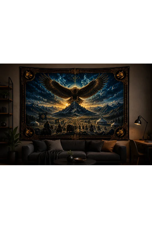 Orta Asya Türk Mitolojisi Temalı Duvar Örtüsü Wall Tapestry Kalın ve Kaliteli Kumaş