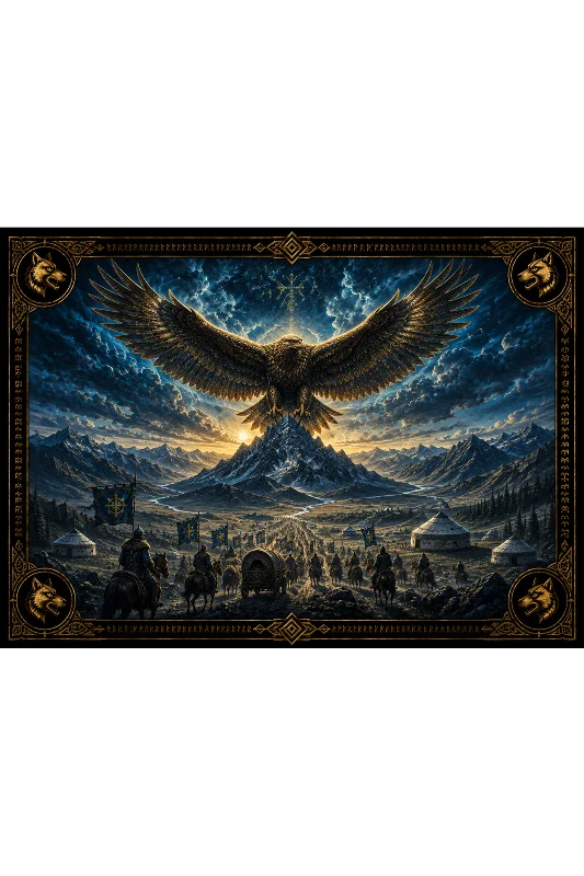 Orta Asya Türk Mitolojisi Temalı Duvar Örtüsü Wall Tapestry Kalın ve Kaliteli Kumaş – 3. görsel