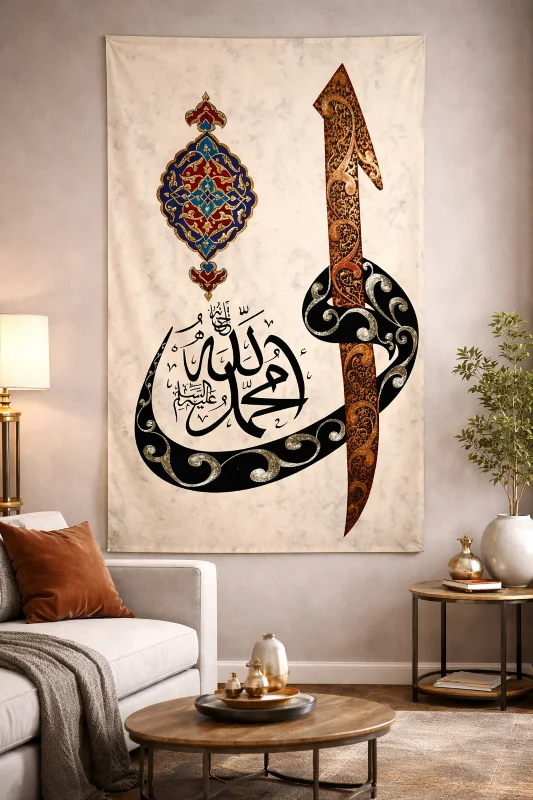 Muhammed Aleyhisselam Yazılı Duvar Örtüsü Wall Tapestry Kaliteli Kumaş Birinci Sınıf Baskı