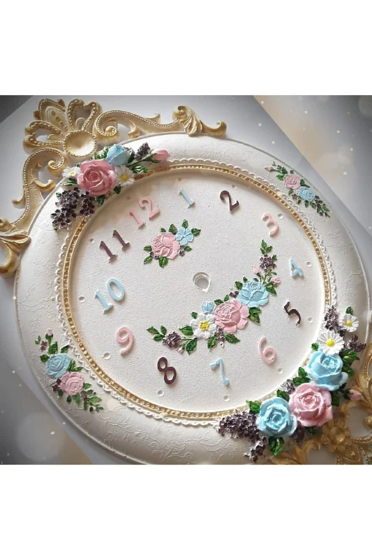 Gül Çiçek Kabartmalı 44cm Saat Silikon Kalıp K-288, Taş Tozu Polyester Çimento Alçı Kalıbı – 3. görsel