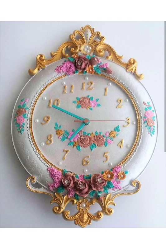 Gül Çiçek Kabartmalı 44cm Saat Silikon Kalıp K-288, Taş Tozu Polyester Çimento Alçı Kalıbı – 4. görsel