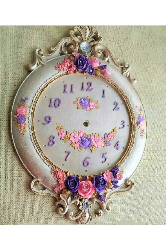 Gül Çiçek Kabartmalı 44cm Saat Silikon Kalıp K-288, Taş Tozu Polyester Çimento Alçı Kalıbı