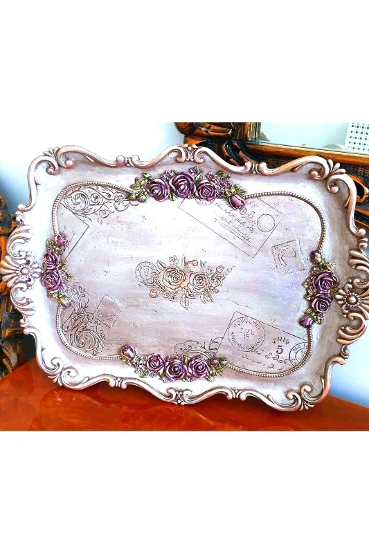 Gül Çiçek Yaprak Dekorlu 40cm Tepsi Silikon Kalıp K-709, Polyester Taş Tozu Alçı Kalıbı