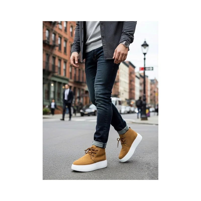 Pabucmarketi Bağcıklı İçi Kürklü Erkek Sneaker Bot TABA SÜET (BEYAZ TABAN) – 3. görsel