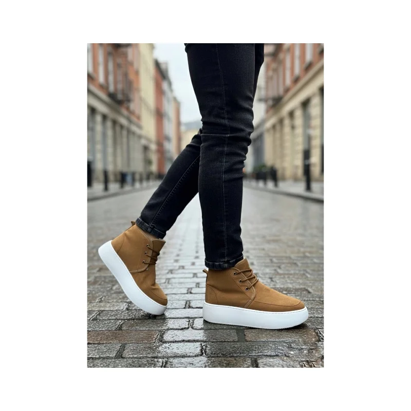 Pabucmarketi Bağcıklı İçi Kürklü Erkek Sneaker Bot TABA SÜET (BEYAZ TABAN) – 2. görsel
