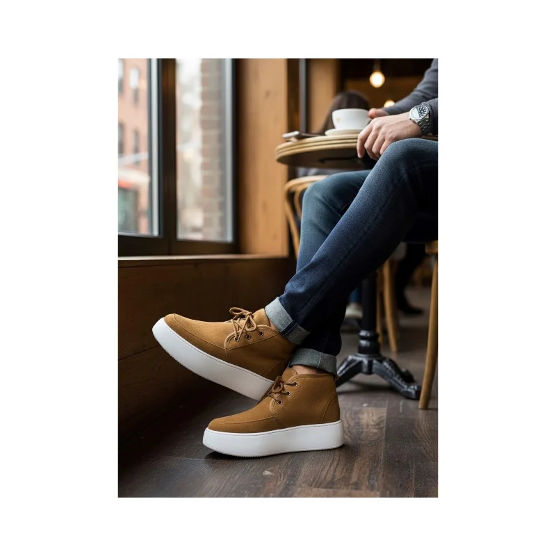 Pabucmarketi Bağcıklı İçi Kürklü Erkek Sneaker Bot TABA SÜET (BEYAZ TABAN) – 4. görsel