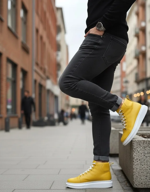Pabucmarketi Bağcıklı Erkek Sneaker Bot SARI (BEYAZ TABAN) – 3. görsel