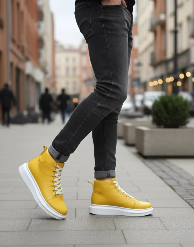 Pabucmarketi Bağcıklı Erkek Sneaker Bot SARI (BEYAZ TABAN) – 2. görsel