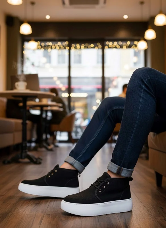Pabucmarketi Bağcıklı İçi Kürklü Erkek Sneaker Bot SİYAH SÜET (BEYAZ TABAN) – 3. görsel