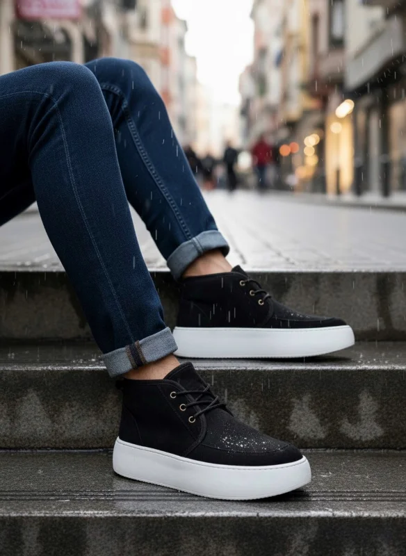 Pabucmarketi Bağcıklı İçi Kürklü Erkek Sneaker Bot SİYAH SÜET (BEYAZ TABAN) – 2. görsel