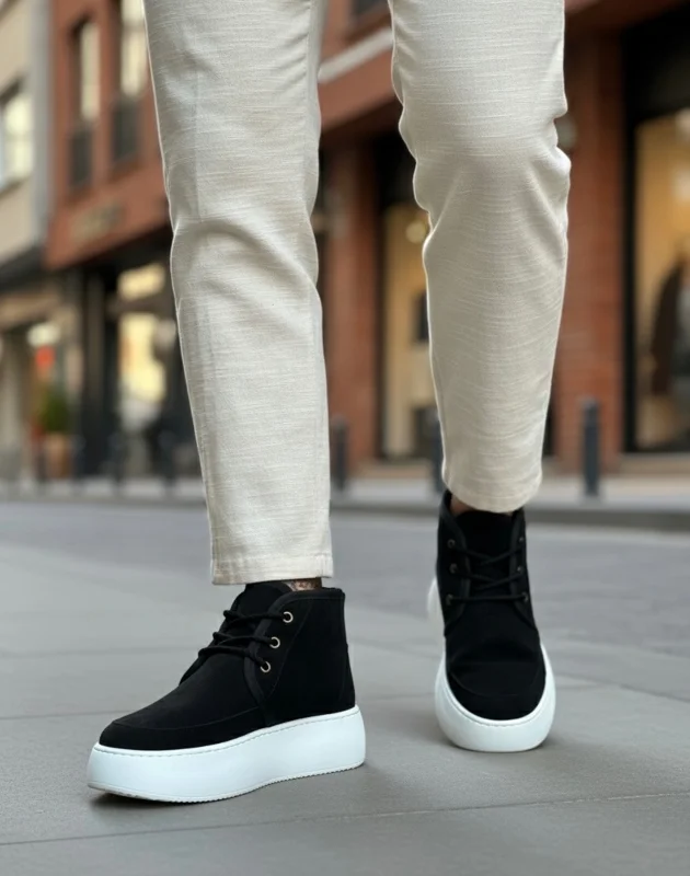 Pabucmarketi Bağcıklı İçi Kürklü Erkek Sneaker Bot SİYAH SÜET (BEYAZ TABAN) – 4. görsel