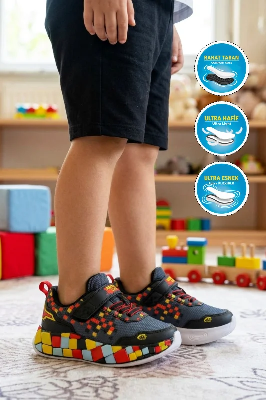 Siyah Kırmızı Sarı Cırtlı Işıklı Erkek Çocuk Spor Ayakkabı – 3. görsel