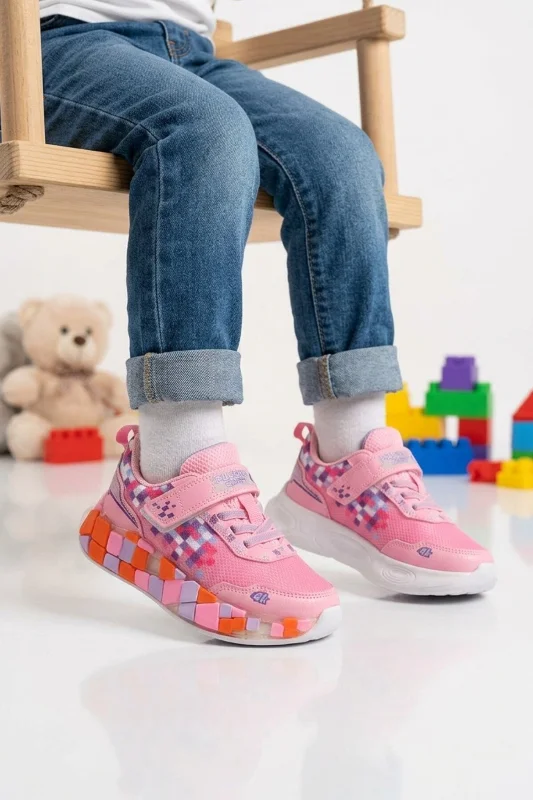 Pembe Beyaz Lila Cırtlı Işıklı Kız Çocuk Spor Ayakkabı
