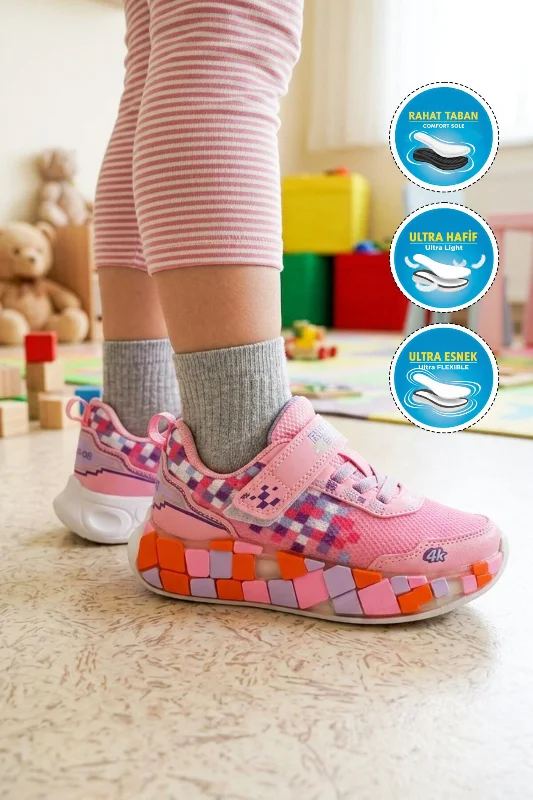 Pembe Beyaz Lila Cırtlı Işıklı Kız Çocuk Spor Ayakkabı – 3. görsel