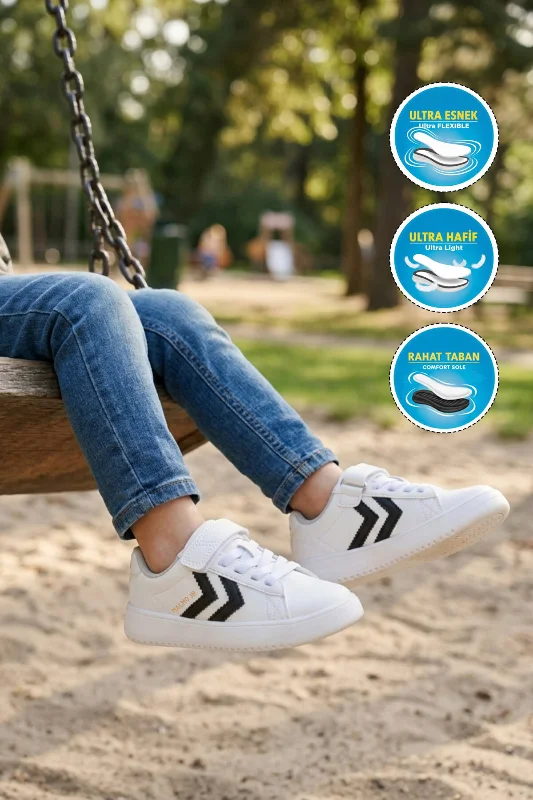 Beyaz Siyah Cırtlı Unisex Çocuk Spor Ayakkabı – 3. görsel