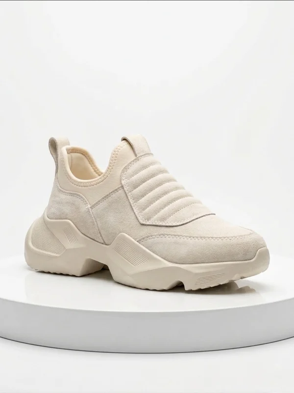 Krem Süet Bağcıksız Yüksek Taban Erkek Sneaker Bot