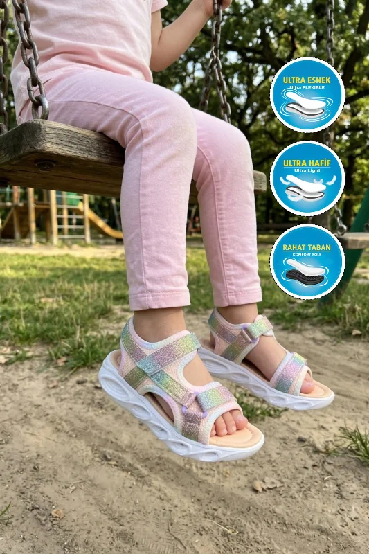 Renkli Cırtlı Işıklı Kız Çocuk Düz Sandalet – 3. görsel