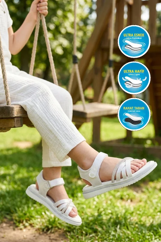 Beyaz Cırtlı Kız Çocuk Düz Sandalet – 3. görsel