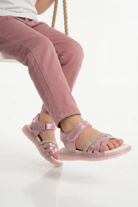 Pembe Cırtlı Kız Çocuk Düz Sandalet