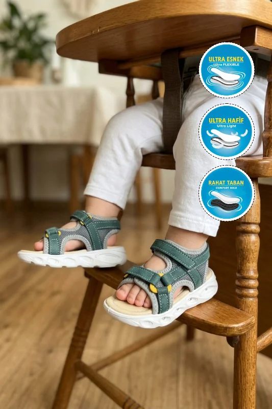 Petrol Yeşili Cırtlı Işıklı Erkek Bebek Düz Sandalet – 3. görsel