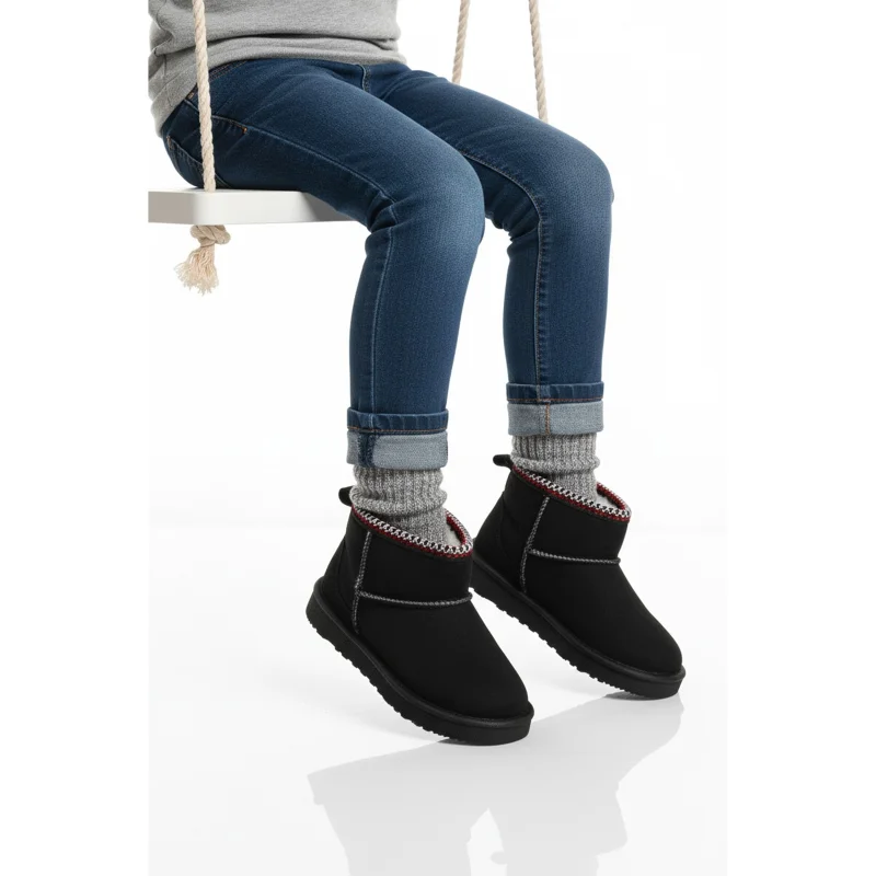 Cool Siyah Süet İçi Kürklü Kız Çocuk Düz Bot