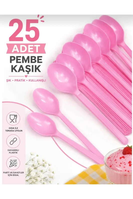 BAKBURAYA YAPAY ÇİÇEKÇİLİK 25 li sert plastik pembe plastik kaşık Bride baby shower doğum günü – 3. görsel