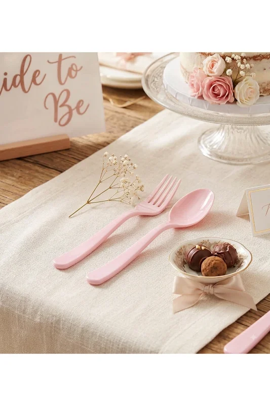 BAKBURAYA YAPAY ÇİÇEKÇİLİK 25 li sert plastik pembe plastik kaşık Bride baby shower doğum günü – 2. görsel