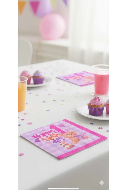 BAKBURAYA YAPAY ÇİÇEKÇİLİK 1 YAŞ HAPPY BIRTHDAY DETAYLI PEMBE PEÇETE – 2. görsel