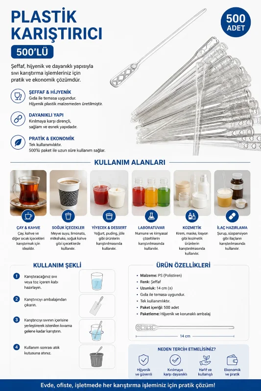 Kumsal Mutfak Ambalaj Plastik Karıştırıcı 500'lü