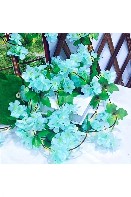 YAPAY ÇİÇEK DERYASI Yapay Kiraz Çiçeği Sakura TURKUAZ MAVİ Salıncak Süsleme Vitrin Dekoru