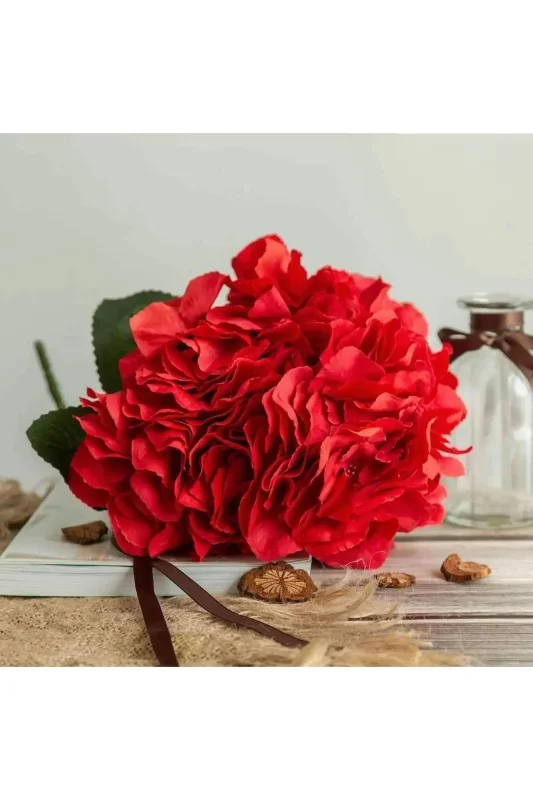 YASİMA Kırmızı Yapay Ortanca 5 Dallı Vazo Saksı Dekor Çiçeği – 2. görsel