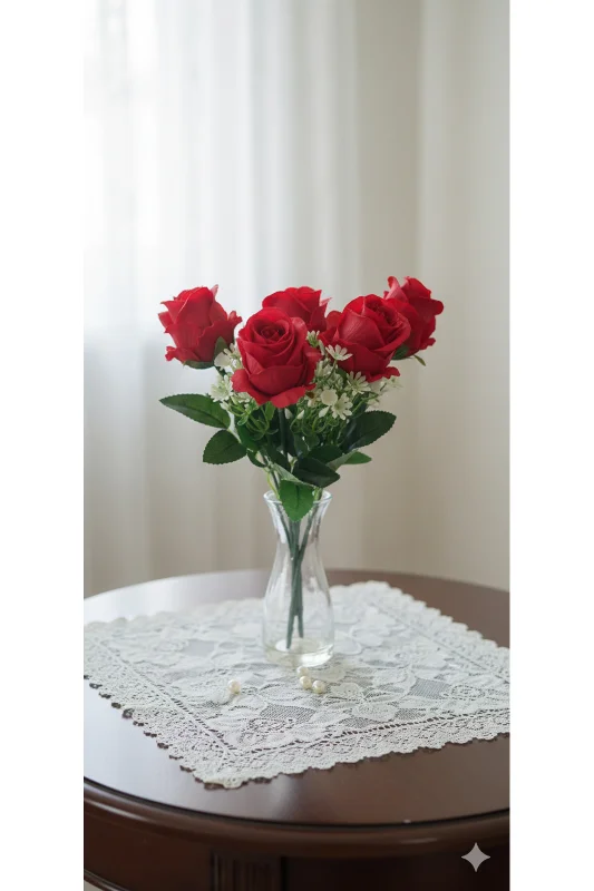yapay çiçek evi KIRMIZI COK KATLI 6 KAFALI GÜL EV DEKOR SAKSI VAZO SÜSÜ