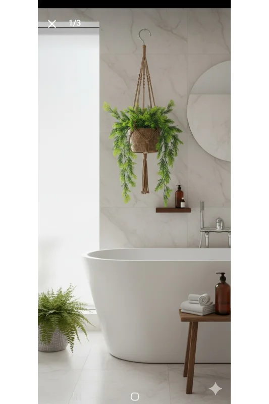 yapay çiçek evi Sarkan 5 Dallı Çam Ağacı Yaprağı Görünümlü Ev Saksı Banyo Çiçeği – 2. görsel