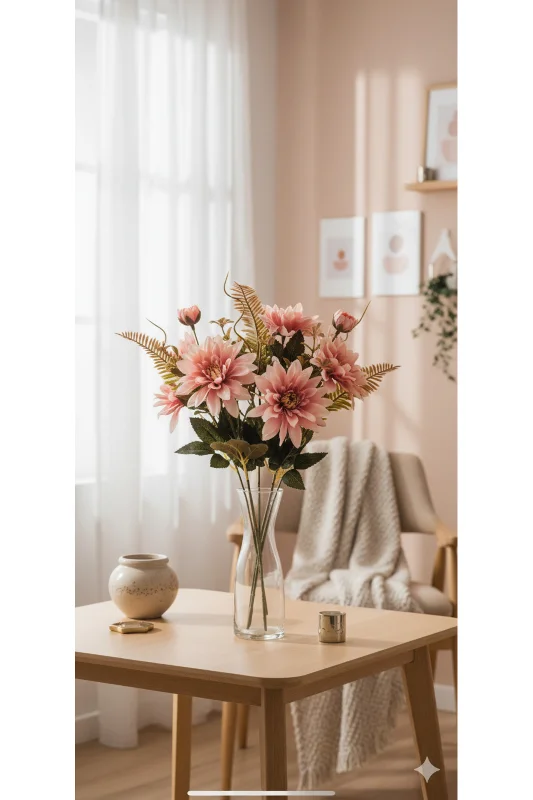 YASİMA 5 Dallı Pembe Çan Çiçeği 34 Cm El Buketi Vazo Aranjman Dekor Çiçeği