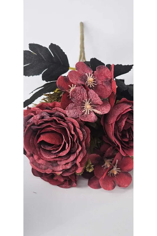 yapay çiçek evi 1 Adet Haki Yapraklı Bordo Tonlu Çiçek Buketi 27 Cm Ev Dekor Saksı Süsü – 4. görsel
