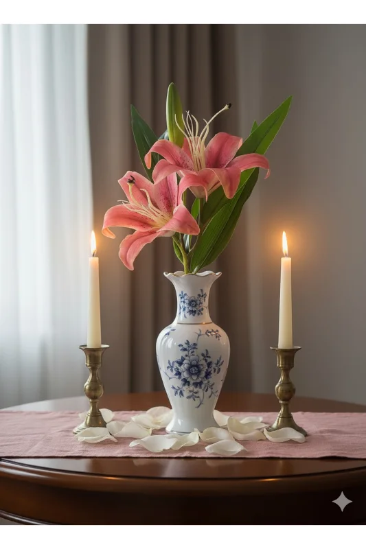 yapay çiçek evi 1 adet ıslak kırmızı lilyum 2 kafalı ev dekor süsü vazo